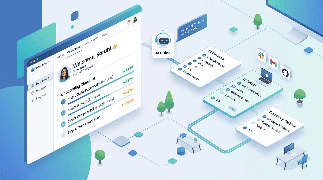 A premium minimalist SaaS UI illustration of an employee onboarding workflow showing paperwork, IT setup, and company policies.