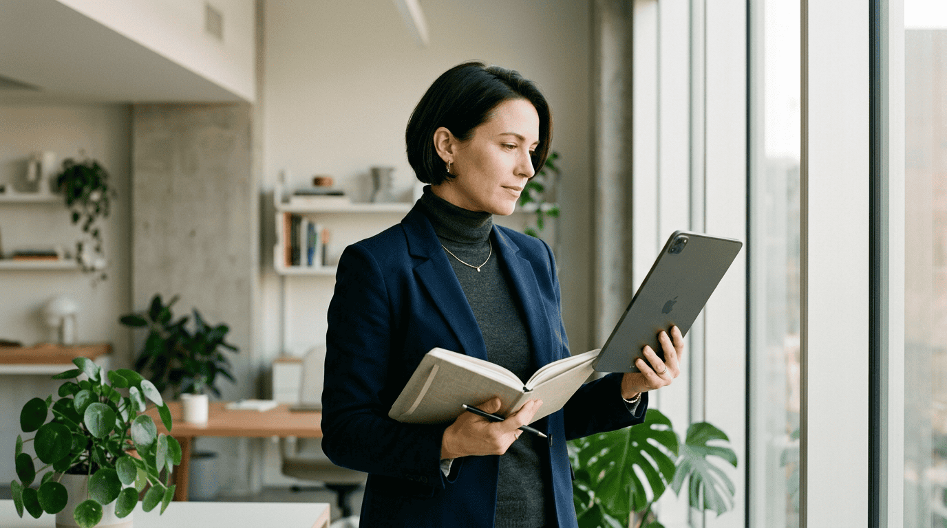 An editorial portrait of a professional strategist in a sunlit, minimalist office studio, looking thoughtfully at a tablet screen while holding a physical notebook