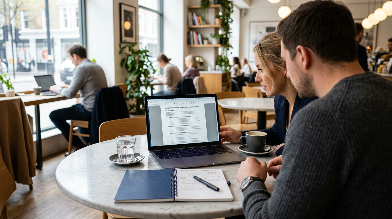 Business partners collaborating over a tailored, professional PDF proposal generated by Conturalis