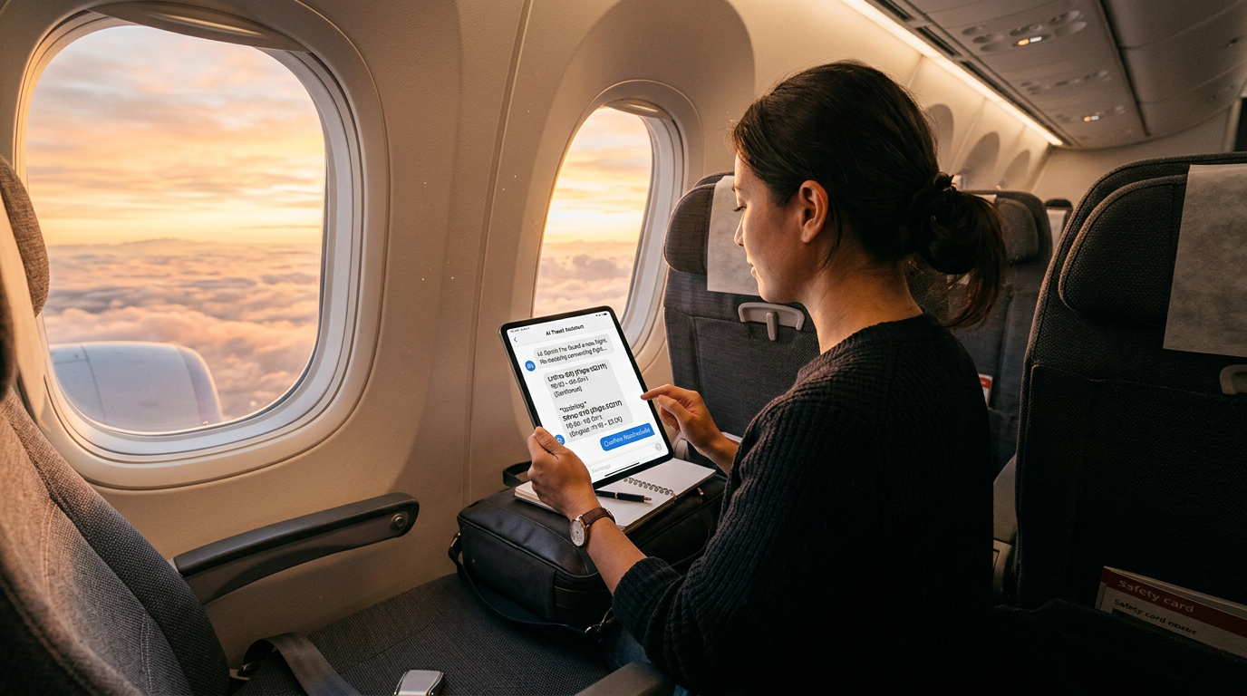 An over-the-shoulder shot of a passenger sitting in a premium window seat of a modern airplane, using a tablet to chat with an AI travel agent to reschedule a connecting flight.