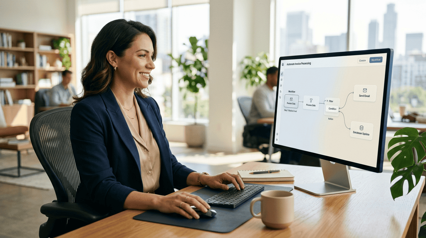 A professional woman in a modern office interacting with a node-based automation workflow interface