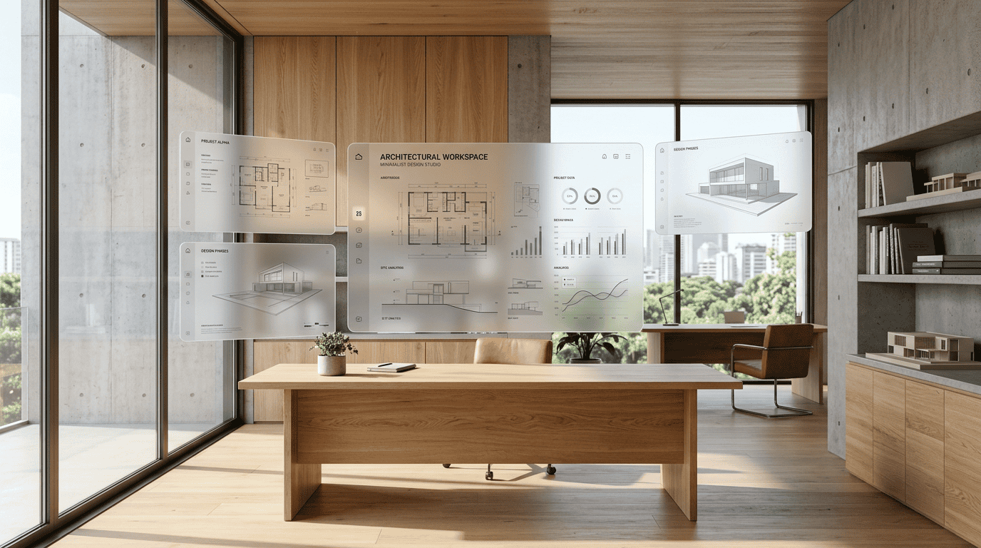 A premium minimalist 3D render of a sunlit architectural workspace with floating spatial UI panels.