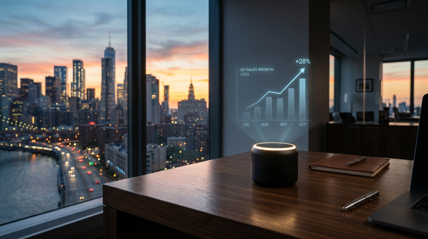 A sleek smart-assistant device on a dark walnut desk displaying a holographic chart showing upward sales trends