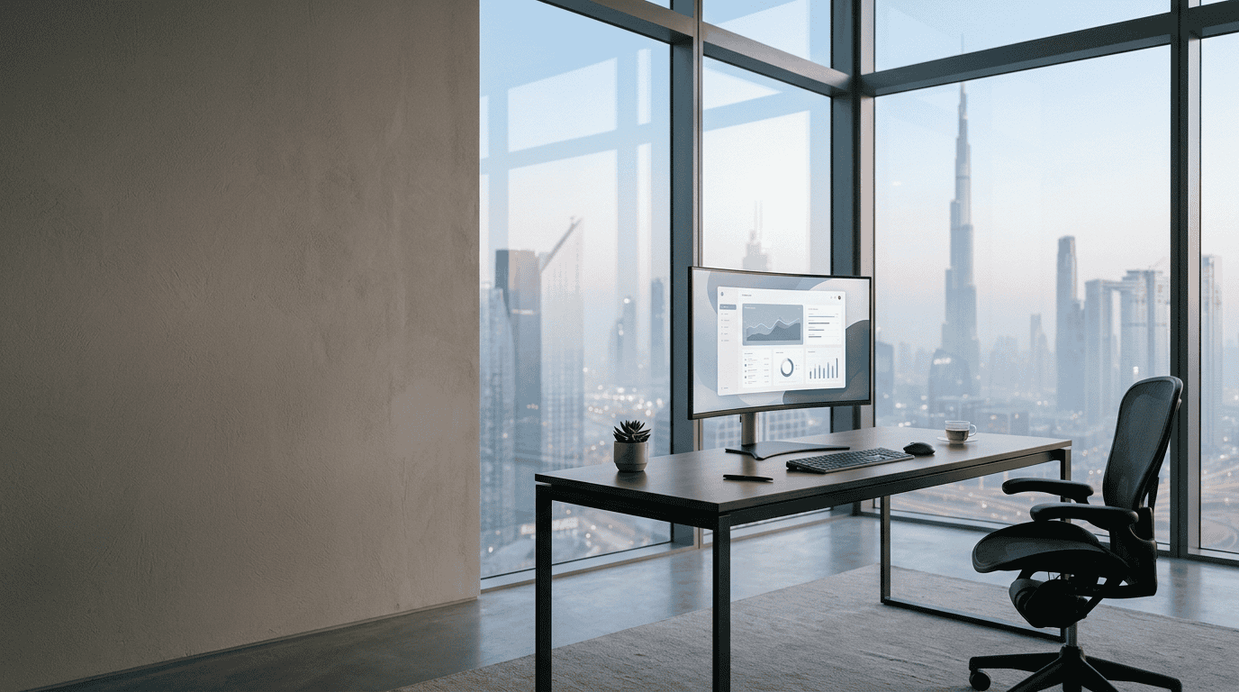 An expansive, premium editorial photograph of a minimalist modern executive workspace.