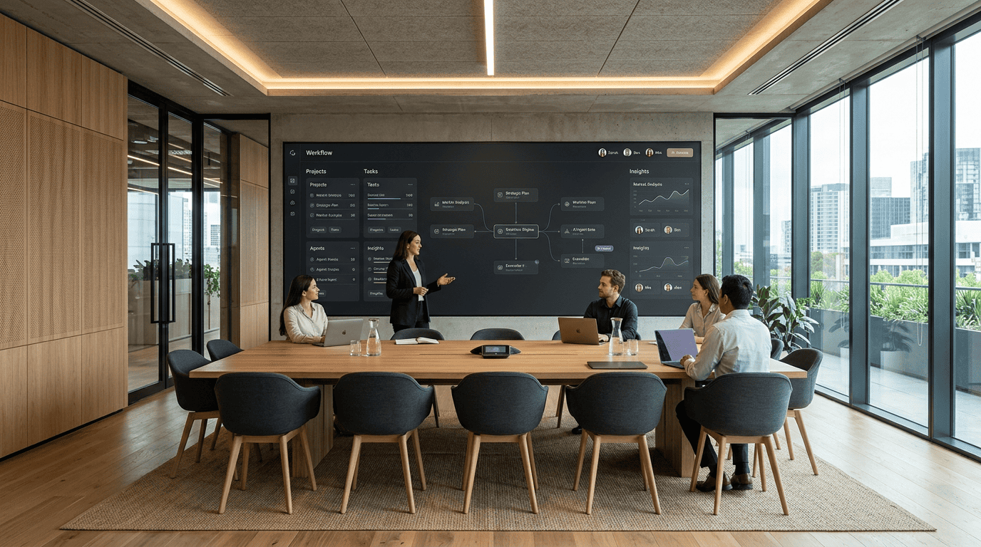 Modern minimalist hybrid conference room with a digital workflow canvas displaying structured data cards