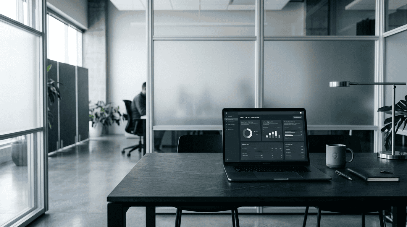 A premium modern office workspace representing zero-trust security and data protection