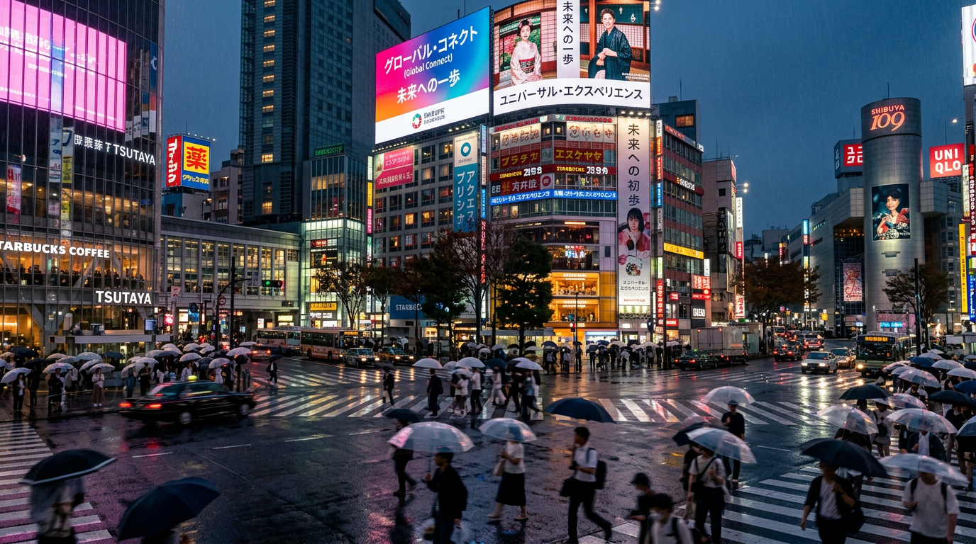 A localized global brand campaign displayed on digital billboards in a rainy Tokyo street