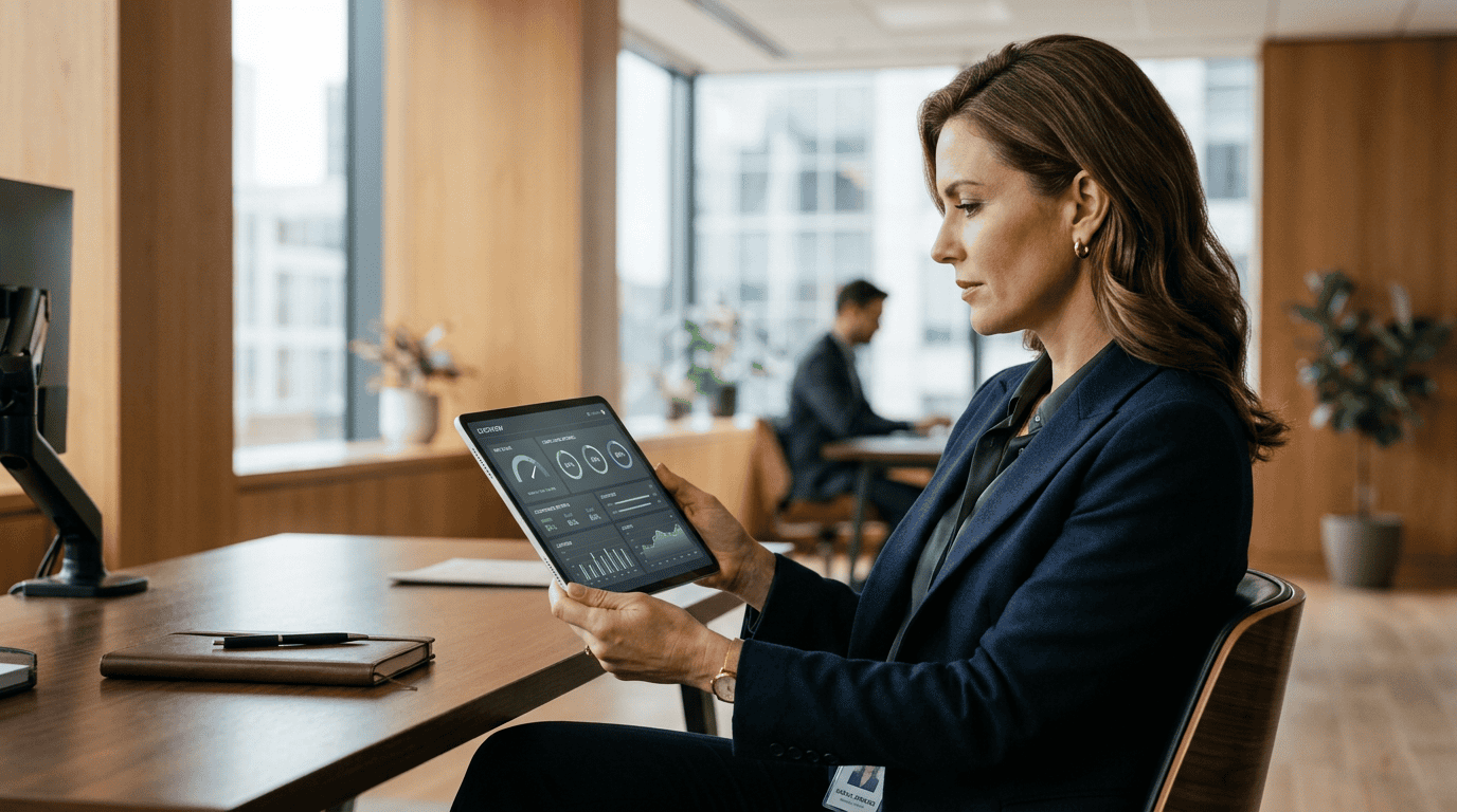 Compliance officer in a minimalist office reviewing AI data visualization on a tablet