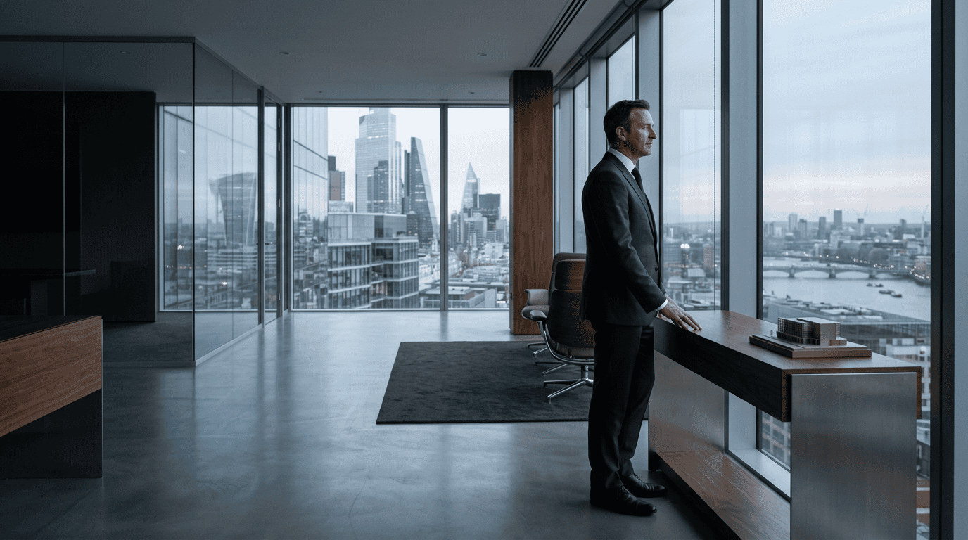 A professional in a tailored suit looking out over a perfectly structured, clean architectural landscape.