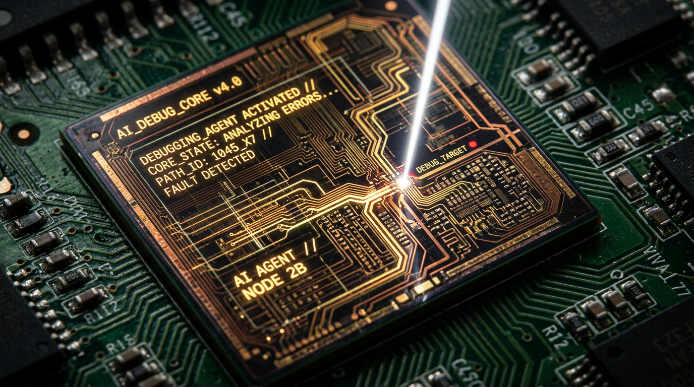 An intricate gold and copper pathway on a silicon microchip glowing faintly, symbolizing an AI agent debugging a complex error