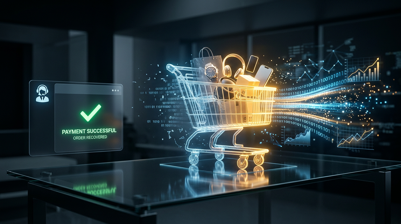 A sleek, minimalist glass desk featuring a holographic projection of a digital shopping cart transitioning from blue to a glowing golden-orange, surrounded by data streams.