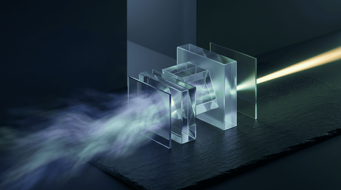 A premium, wide-angle conceptual photograph of abstract 3D glassmorphism elements representing intelligent data filtration.