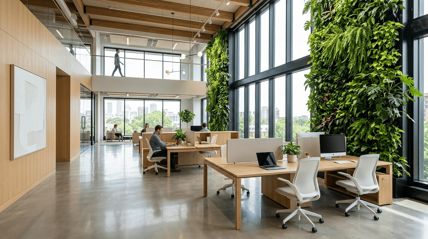 Premium architectural photography of a sustainable, modern hybrid office interior with a vertical living wall and minimalist wooden workstations.