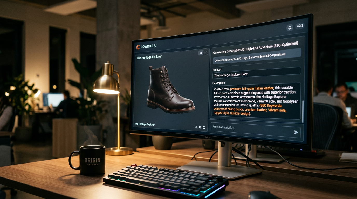 The Conturalis AI copywriting dashboard in action, showing real-time generation of unique, SEO-optimized product descriptions for high-end catalog items.