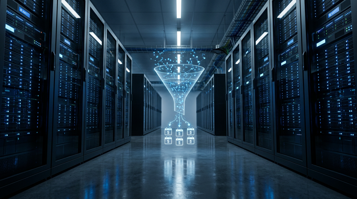 A server room with a holographic data funnel transforming abstract digital nodes into neat, glowing calendar icons.