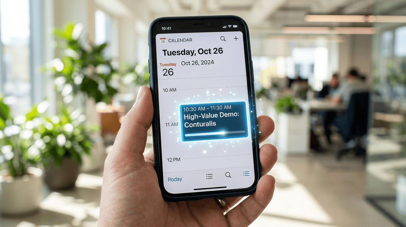 A smartphone screen held by a professional hand, showing a calendar event titled High-Value Demo: Conturalis being automatically populated.