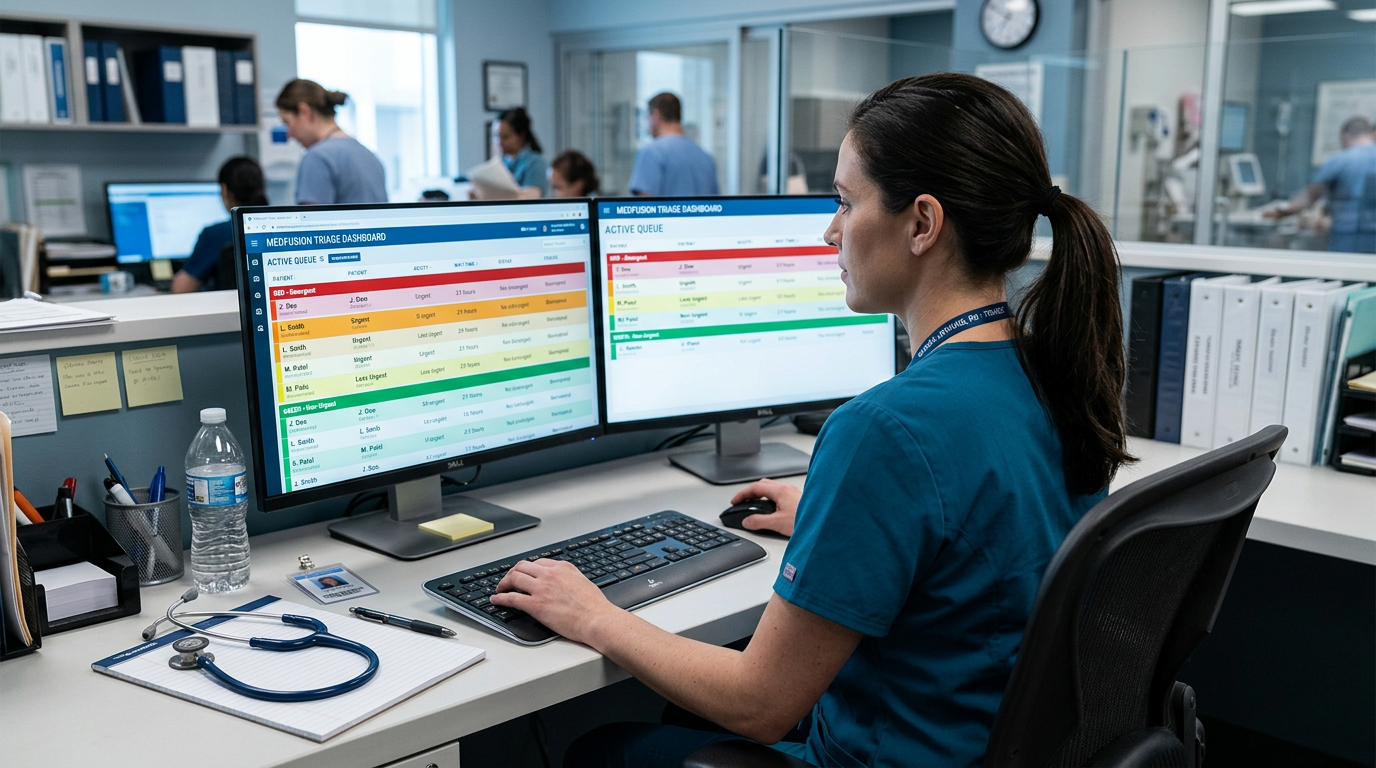 A professional triage nurse in teal scrubs looking at a secure patient scheduling dashboard on a dual-monitor workstation.