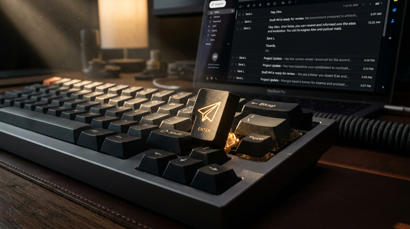 Premium mechanical keyboard with a glowing custom Enter key symbolizing personalized outreach delivery