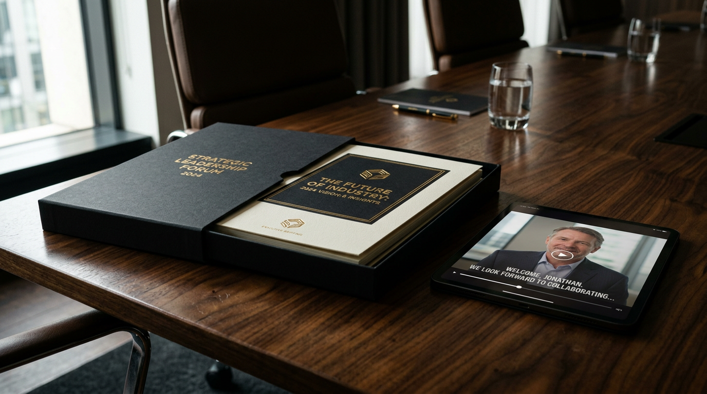 A bespoke, matte black executive direct mail package resting on a polished walnut boardroom table, showcasing high-end physical touchpoint orchestration.