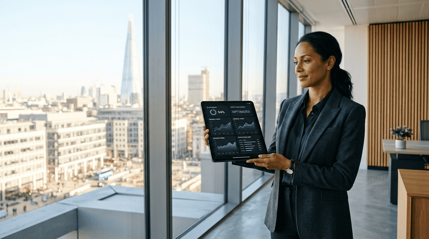 A professional operations director in a minimalist, sunlit architectural office holding a tablet with data visualizations.