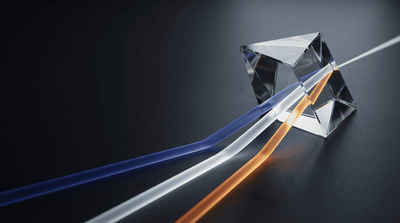 A high-end, minimalist 3D render of a transparent glass prism refracting a single beam of light into three distinct, elegant, glowing streams of soft colored light.