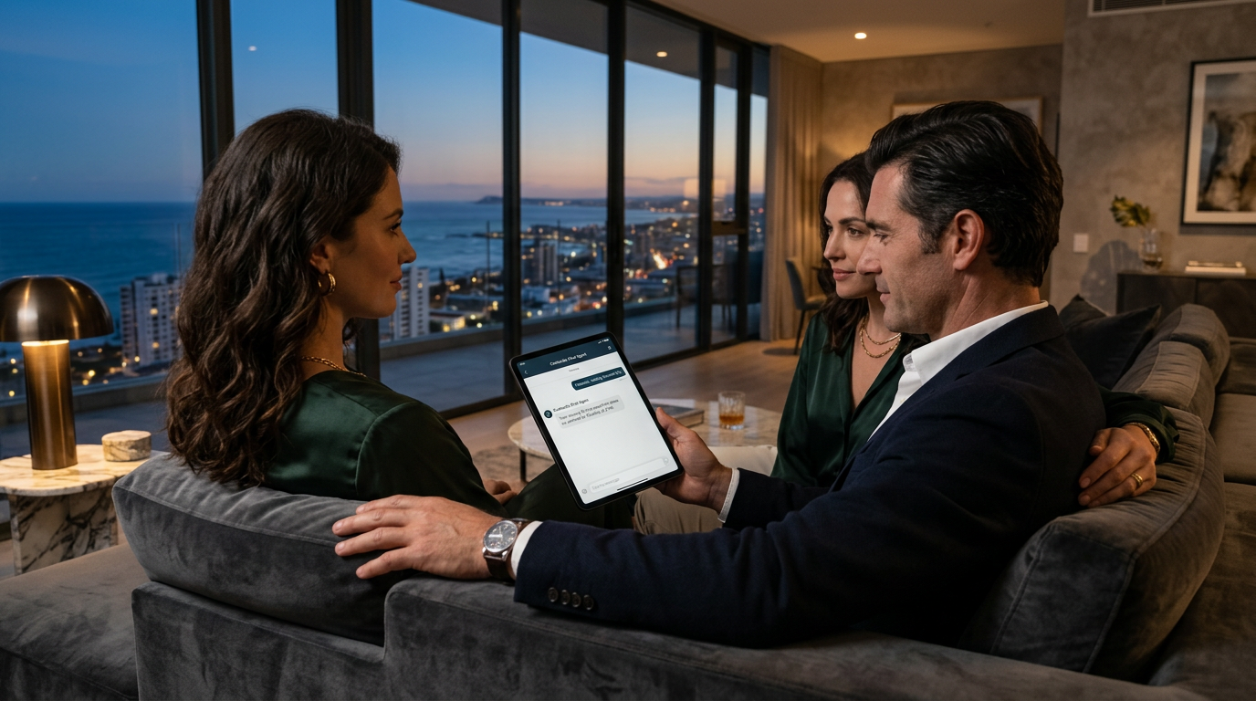 Clients interacting with Conturalis Chat Agent on a tablet in a luxury penthouse