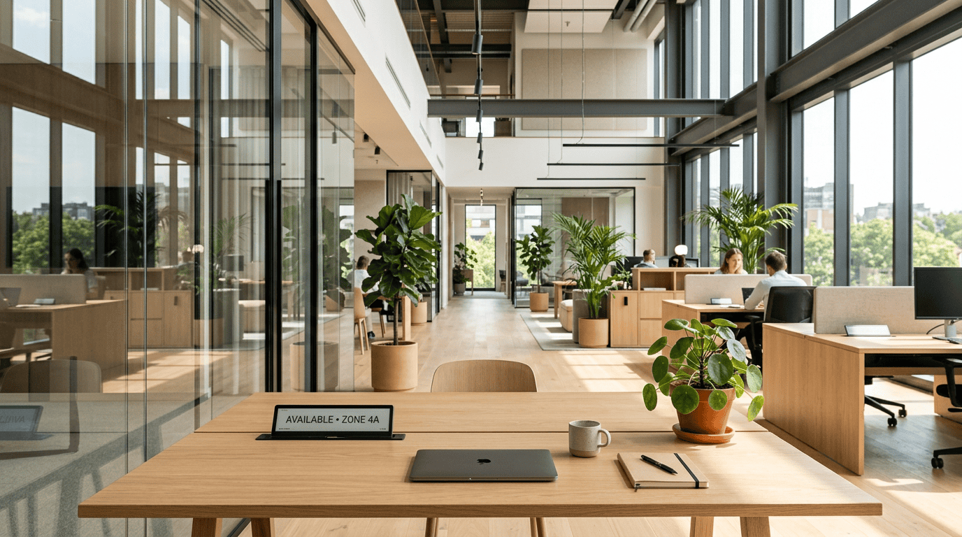 Premium architectural photography of a modern, sunlit smart office workspace with minimalist design