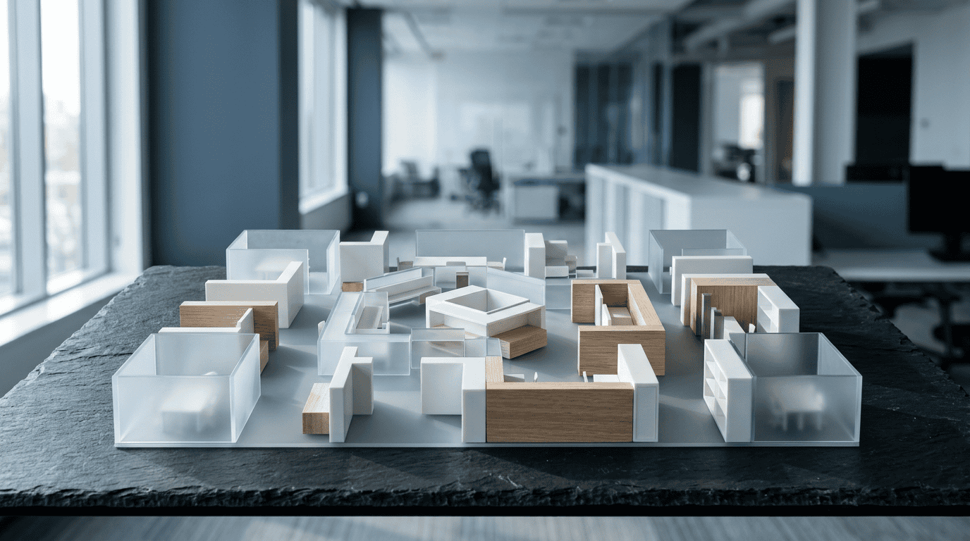 A premium, high-end photograph of a minimalist architectural model representing optimized office space.