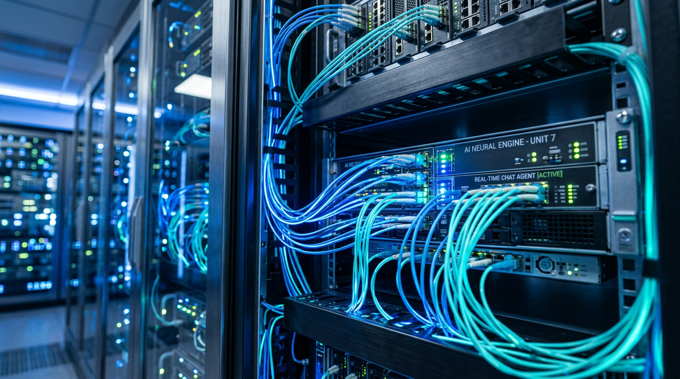 High-tech server rack inside a state-of-the-art data center with pulsing blue and neon teal fiber-optic cables representing rapid AI data processing.