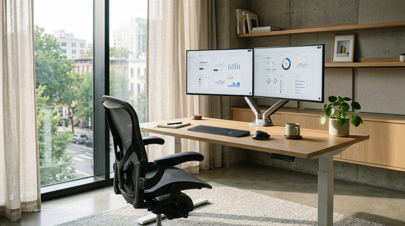 A premium editorial photograph of a modern, minimalist ergonomic workspace.
