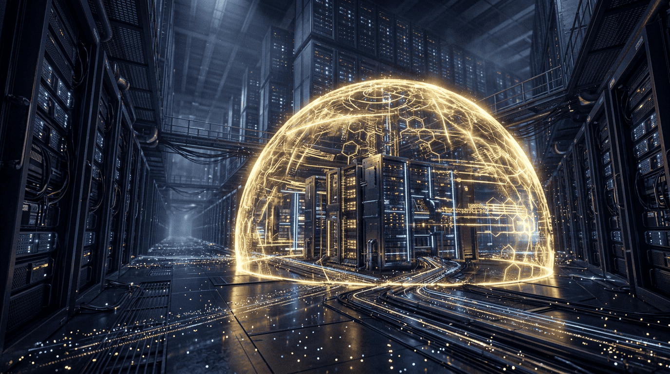 Futuristic data center with a glowing golden shield representing AI compliance guardrails