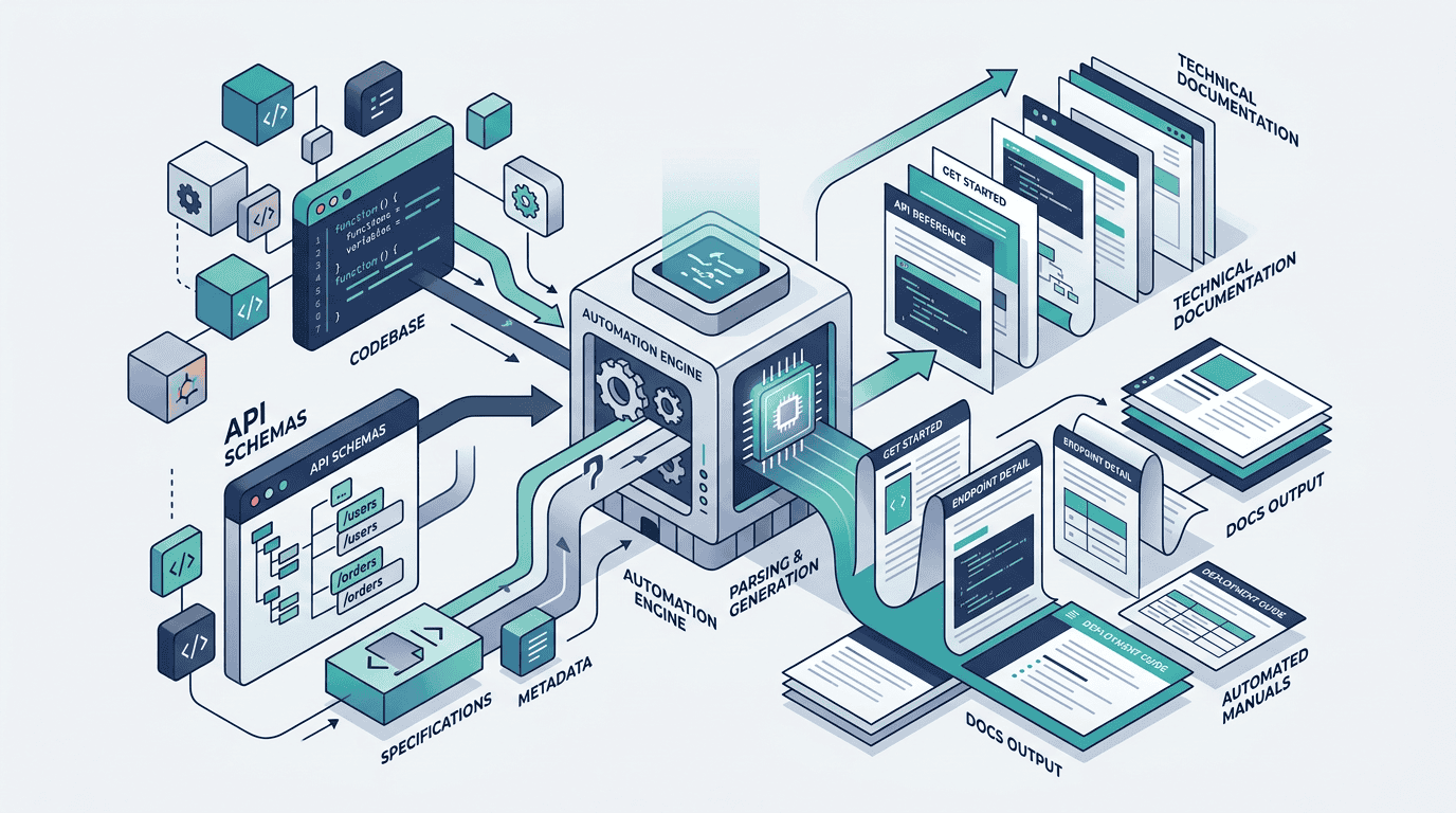 An isometric minimalist vector illustration showing the automation of technical documentation.