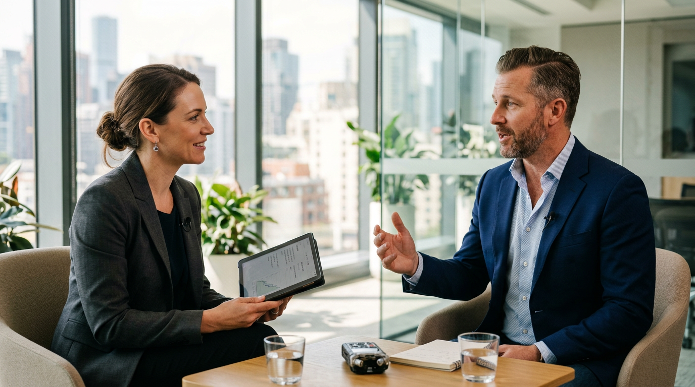 A professional B2B interview in a modern office, capturing the raw material for automated case study creation.