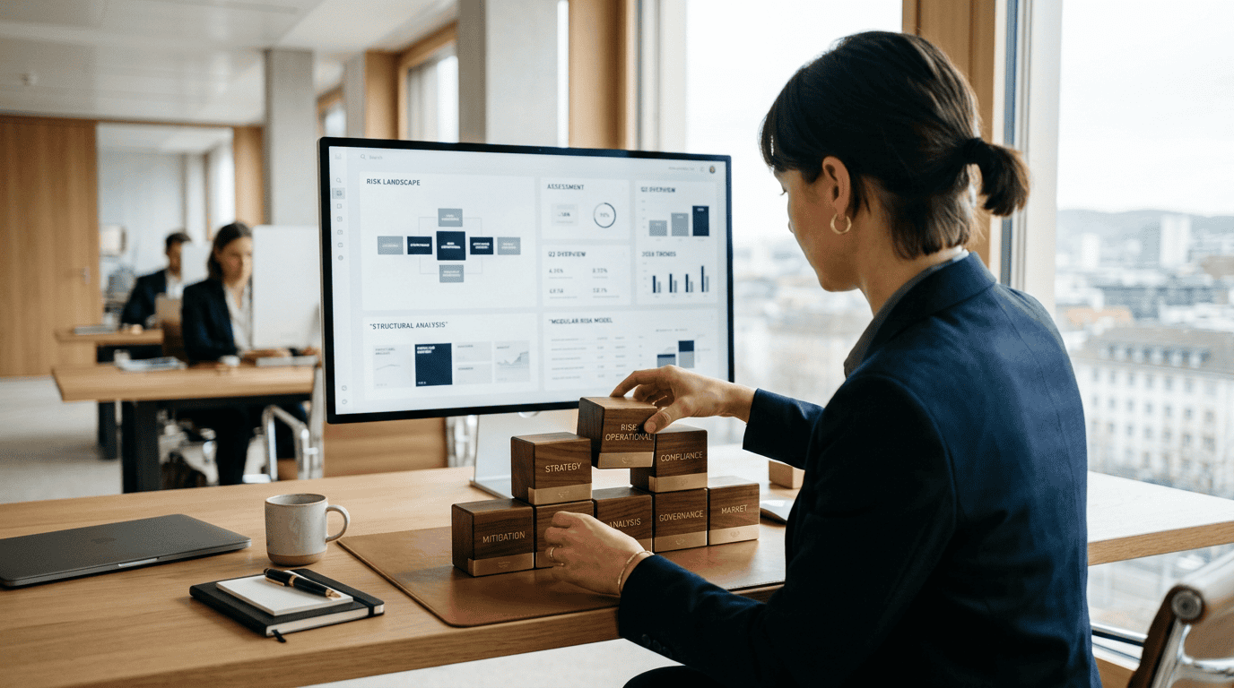 An over-the-shoulder editorial photograph of a female risk officer in a sunlit, minimalist architectural office, precisely arranging elegant physical modular blocks of polished walnut and brushed brass on a clean oak desk.