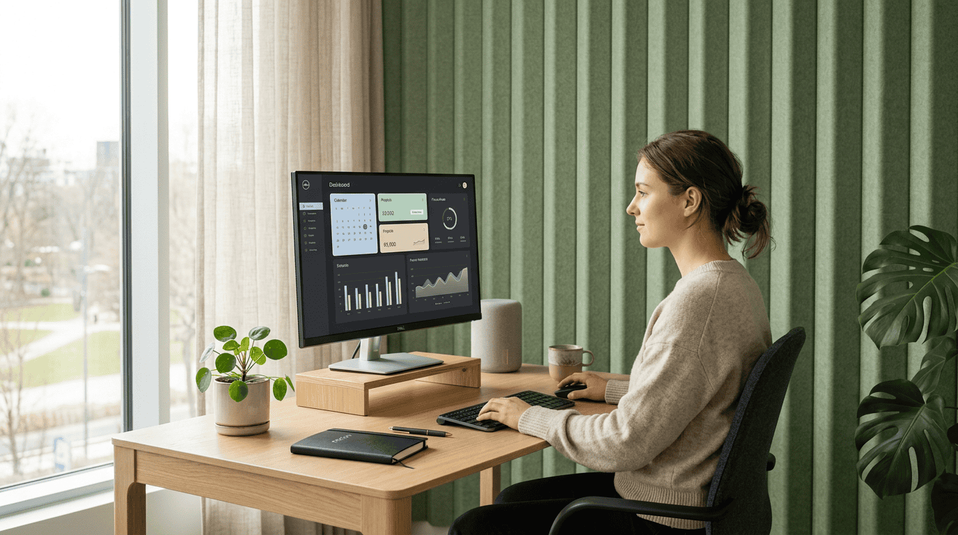 Minimalist light oak desk with a sleek monitor displaying a clean dashboard UI, with sound-absorbing felt panels in the background.