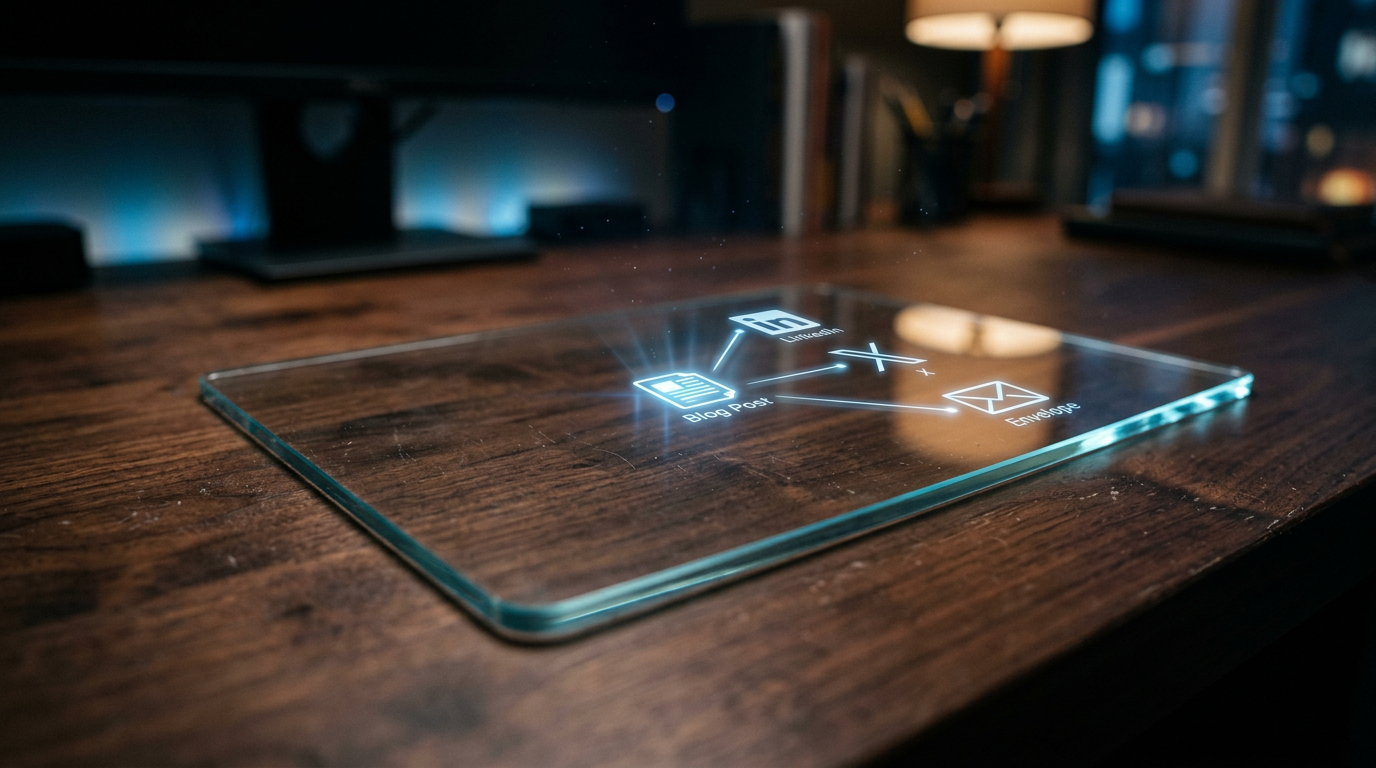 Futuristic transparent glass tablet displaying a blog post branching out to social media channels like LinkedIn and X