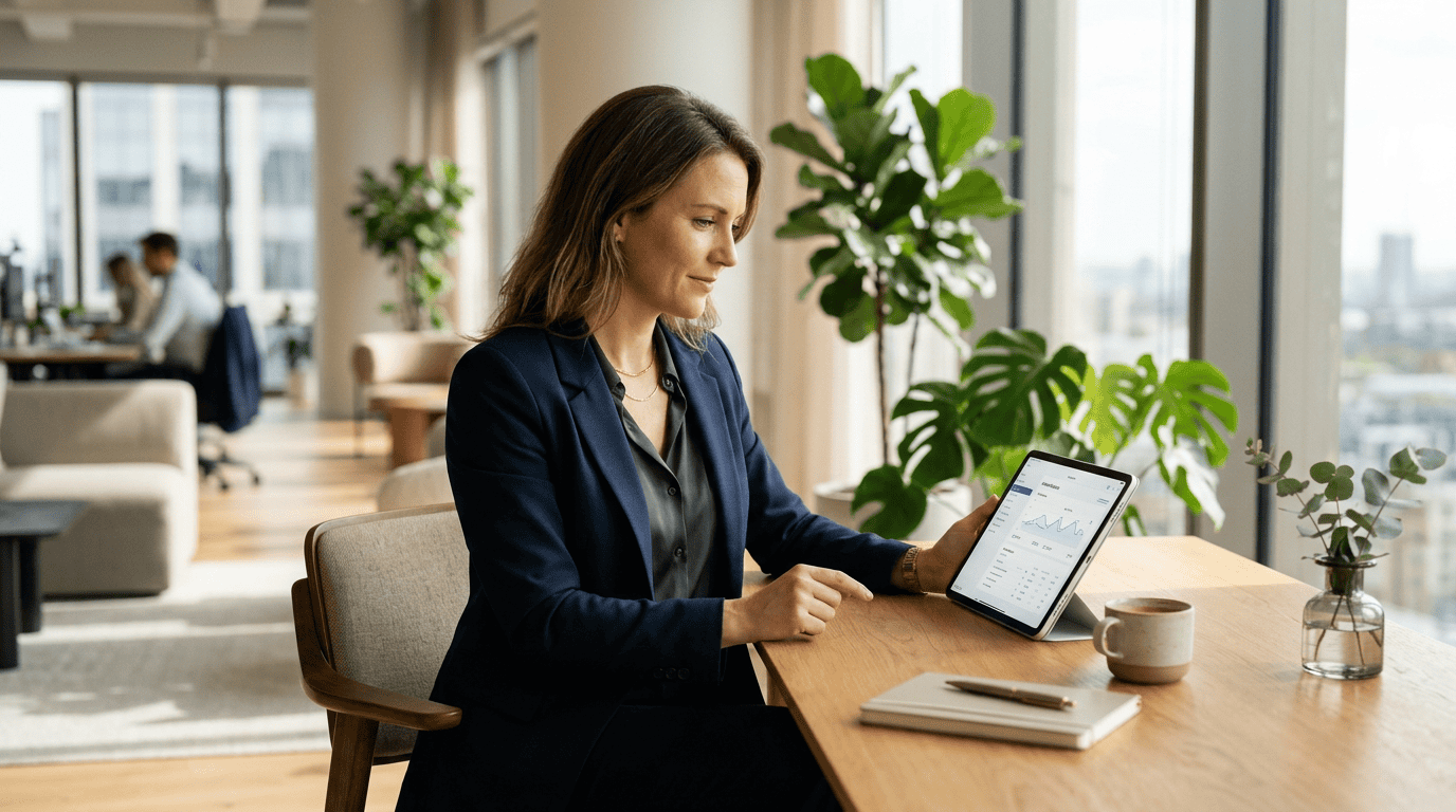 Professional woman in a minimalist modern office displaying human agency in an automated workplace