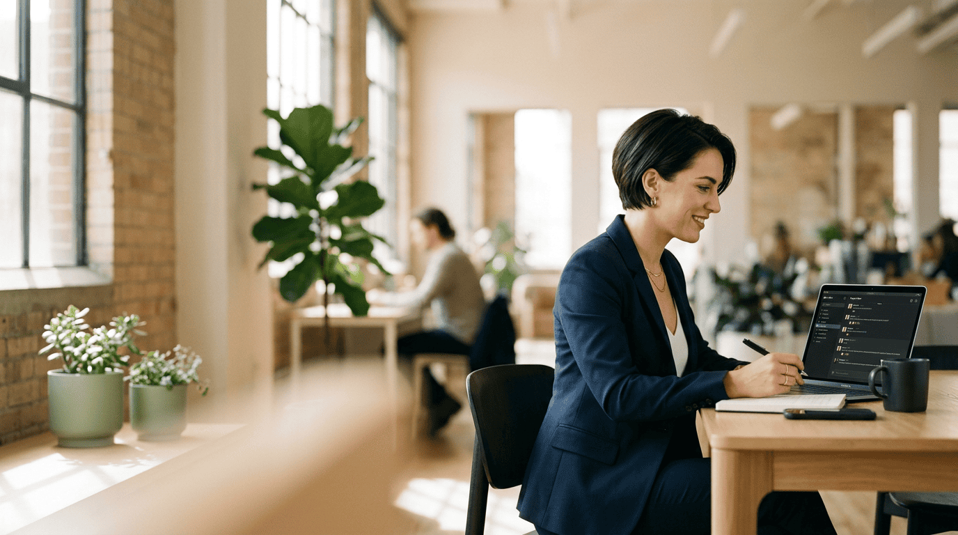 A professional in a modern workspace using the Conturalis Chat Agent for HR onboarding.