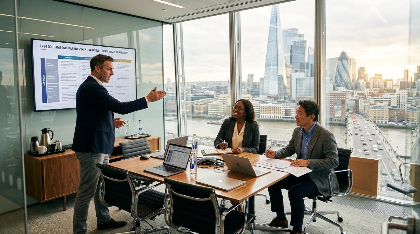 B2B executives collaborating in a luxury conference room, representing successful alignment driven by hyper-personalized outreach.