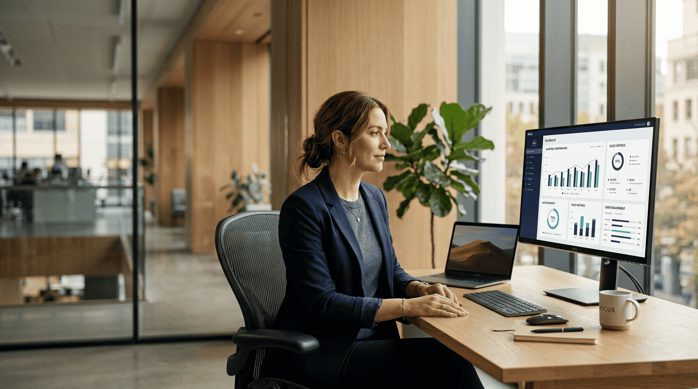 Premium editorial photograph of a thoughtful professional in their 30s sitting at a minimalist oak desk in a sunlit, modern architectural office.