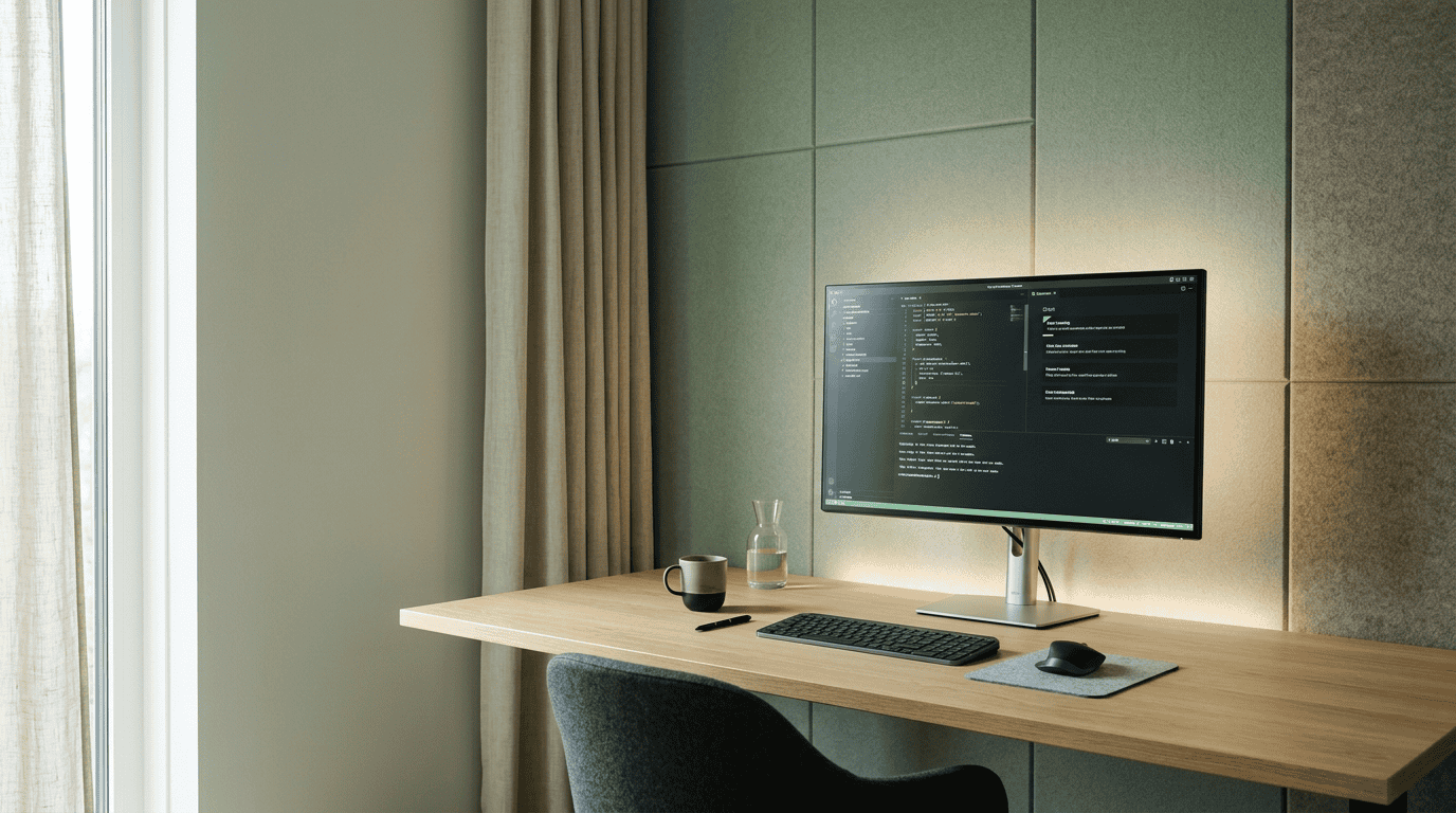 A premium sensory-friendly minimalist workspace with acoustic felt panels and warm indirect lighting designed for deep focus.