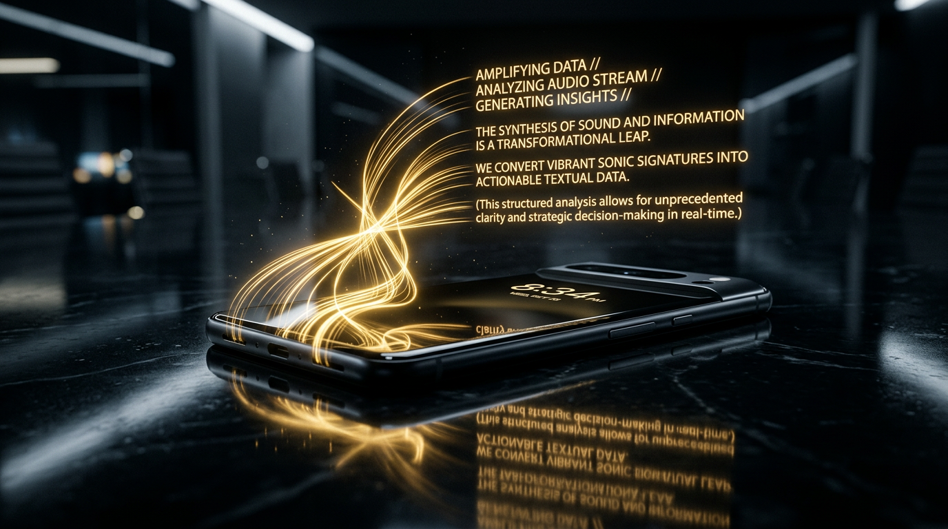 Holographic golden soundwaves rising from a smartphone and transforming into structured lines of text on a dark conference table.