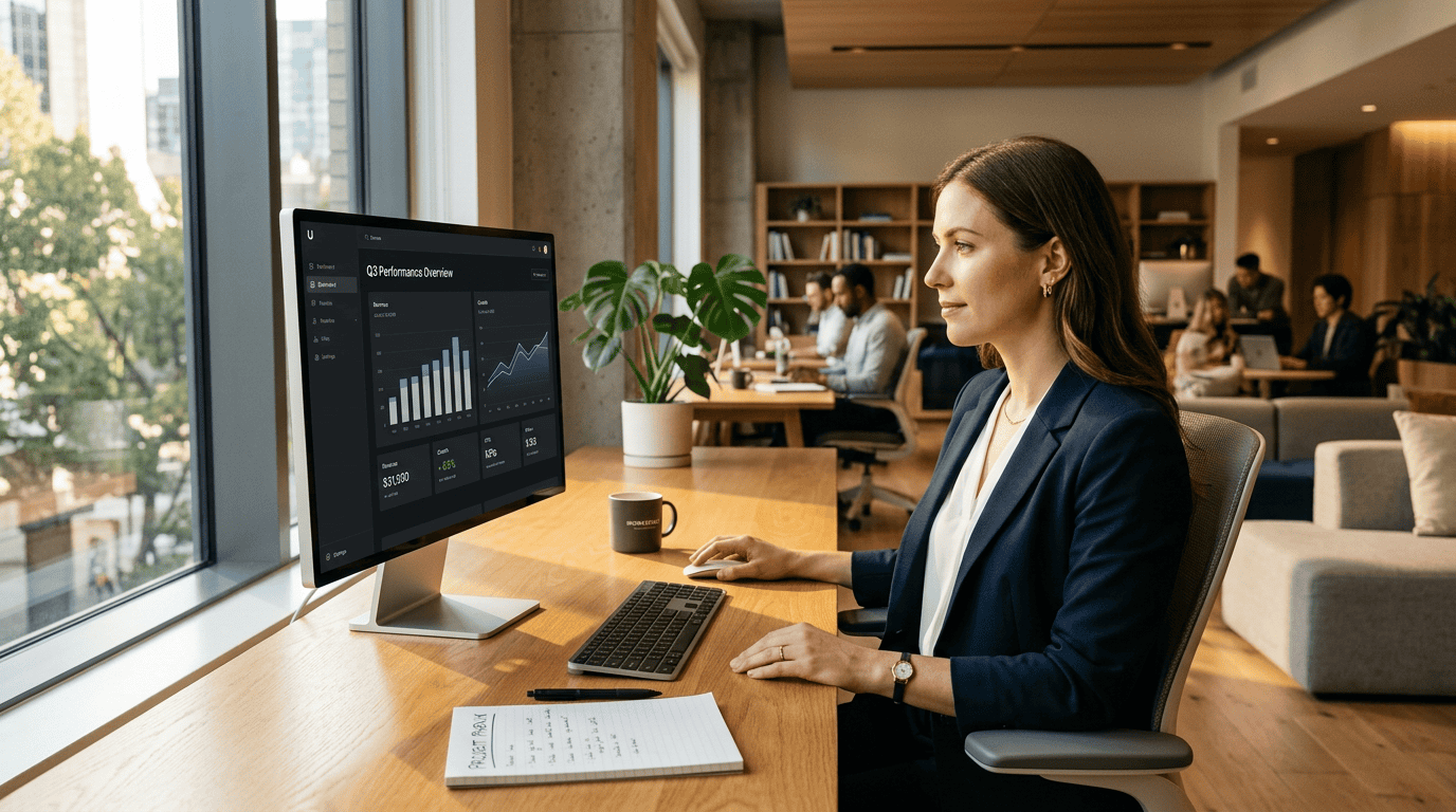 A professional reviewing automated workflows on a clean dashboard