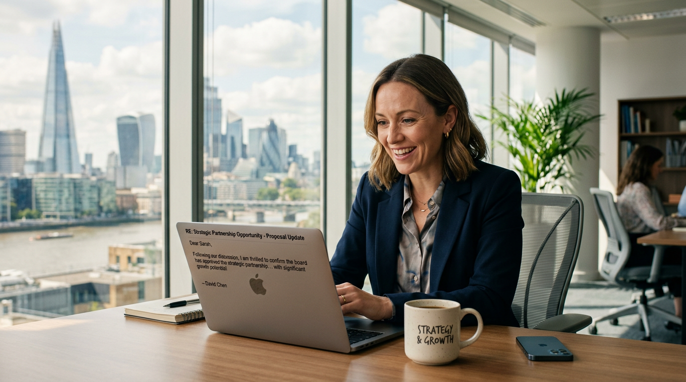 A B2B executive smiling as she reads a hyper-personalized sales email generated by the Conturalis Sales Agent.