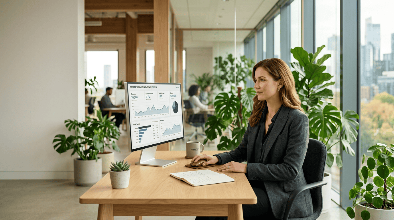 A female operations supervisor looking thoughtfully at a monitor displaying data visualizations in a modern office.