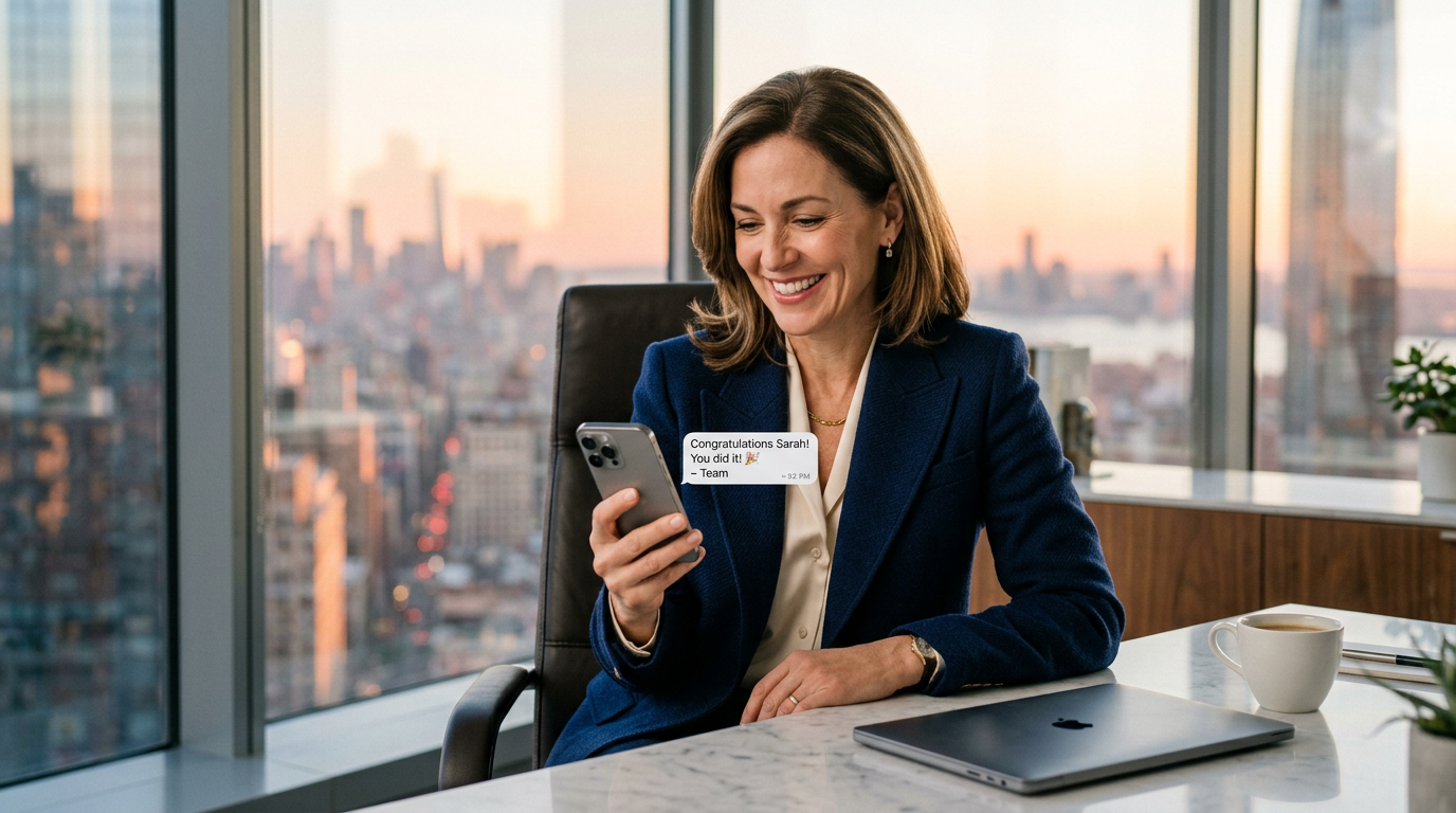 A corporate executive reviewing a personalized outreach message on her smartphone in a modern office.