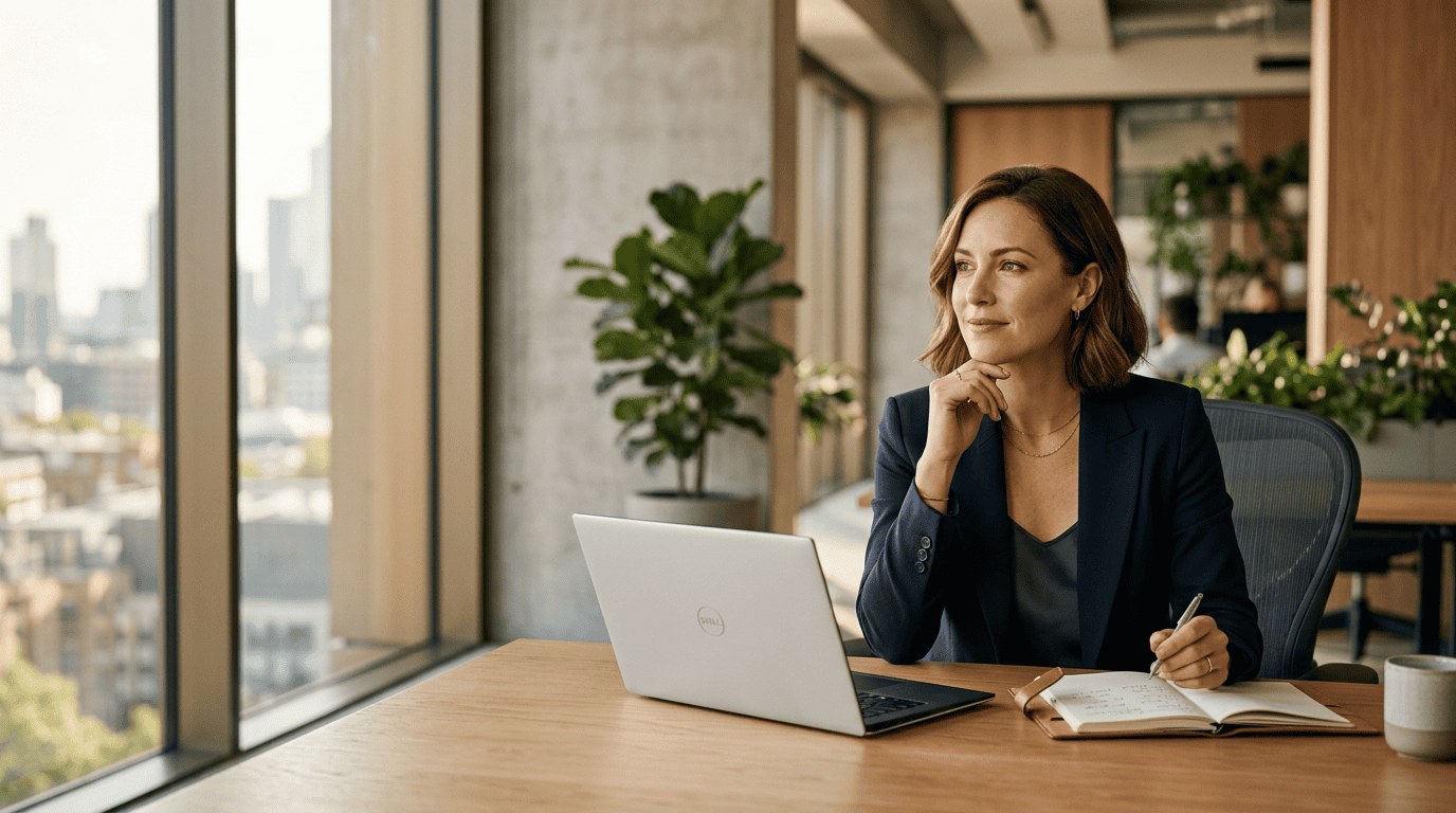 A professional female expert in a modern office looking thoughtfully at a monitor displaying clean UI elements.