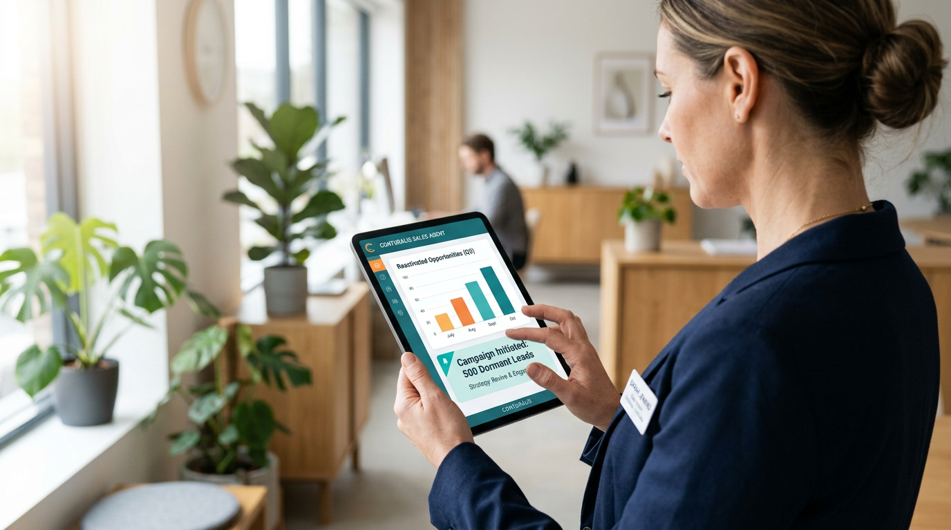 A professional sales director reviewing the Conturalis Sales Agent dashboard showing reactivated opportunities on a tablet.