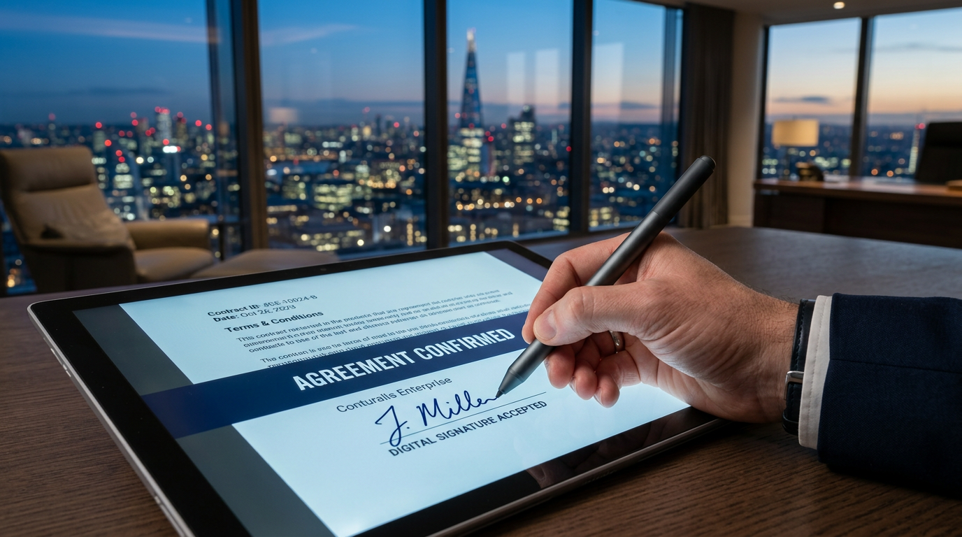 A hand signing an Agreement Confirmed contract on a tablet screen