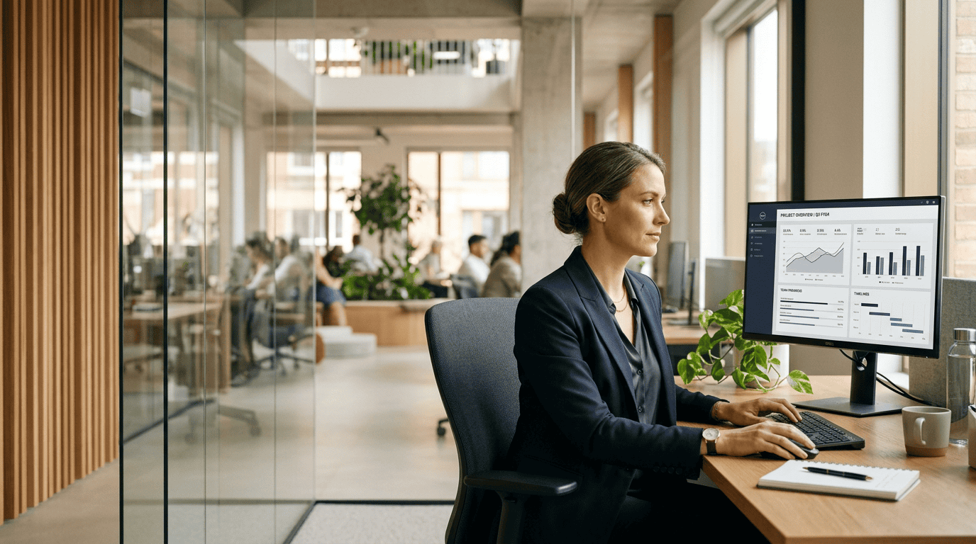 Professional female supervisor managing a data dashboard in a minimalist office